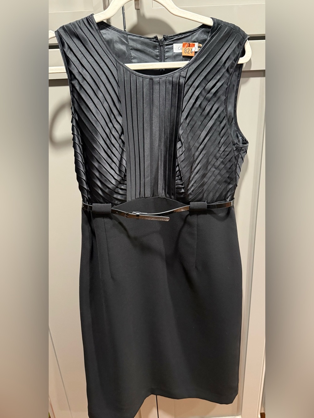 Calvin Klein Black Pleated Silk Bodice Sheath Dress with Belt 12